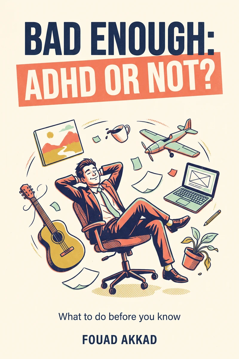 Cover of Bad Enough: ADHD or Not? — a man reclining in an office chair, surrounded by floating half-finished projects.