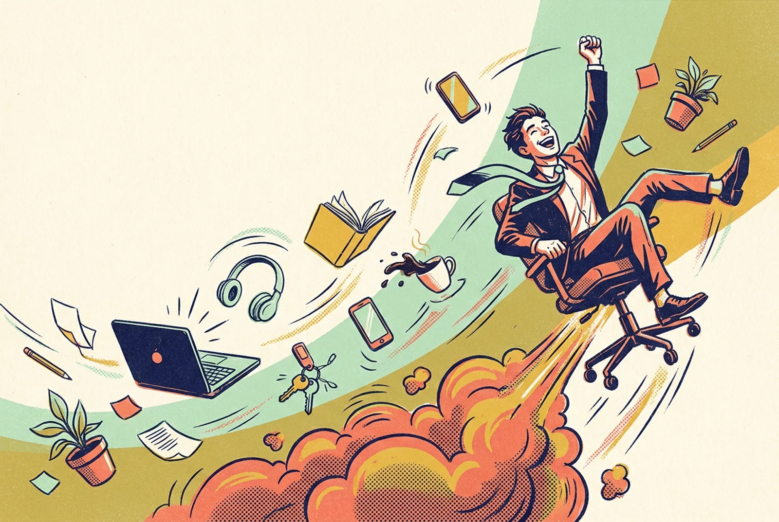A person blasting off from an office chair, trailed by a laptop, headphones, a book, coffee and a plant.