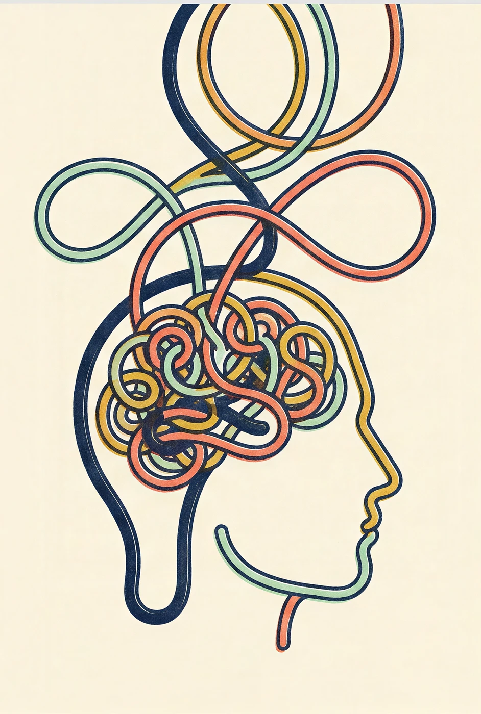 Risograph illustration of a head drawn as one continuous tangled cord.